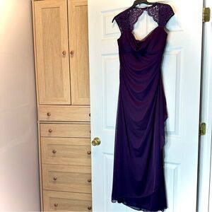 Purple Prom Dress | Xscape by Joanna Chen Lace Cap-Sleeve Evening Gown